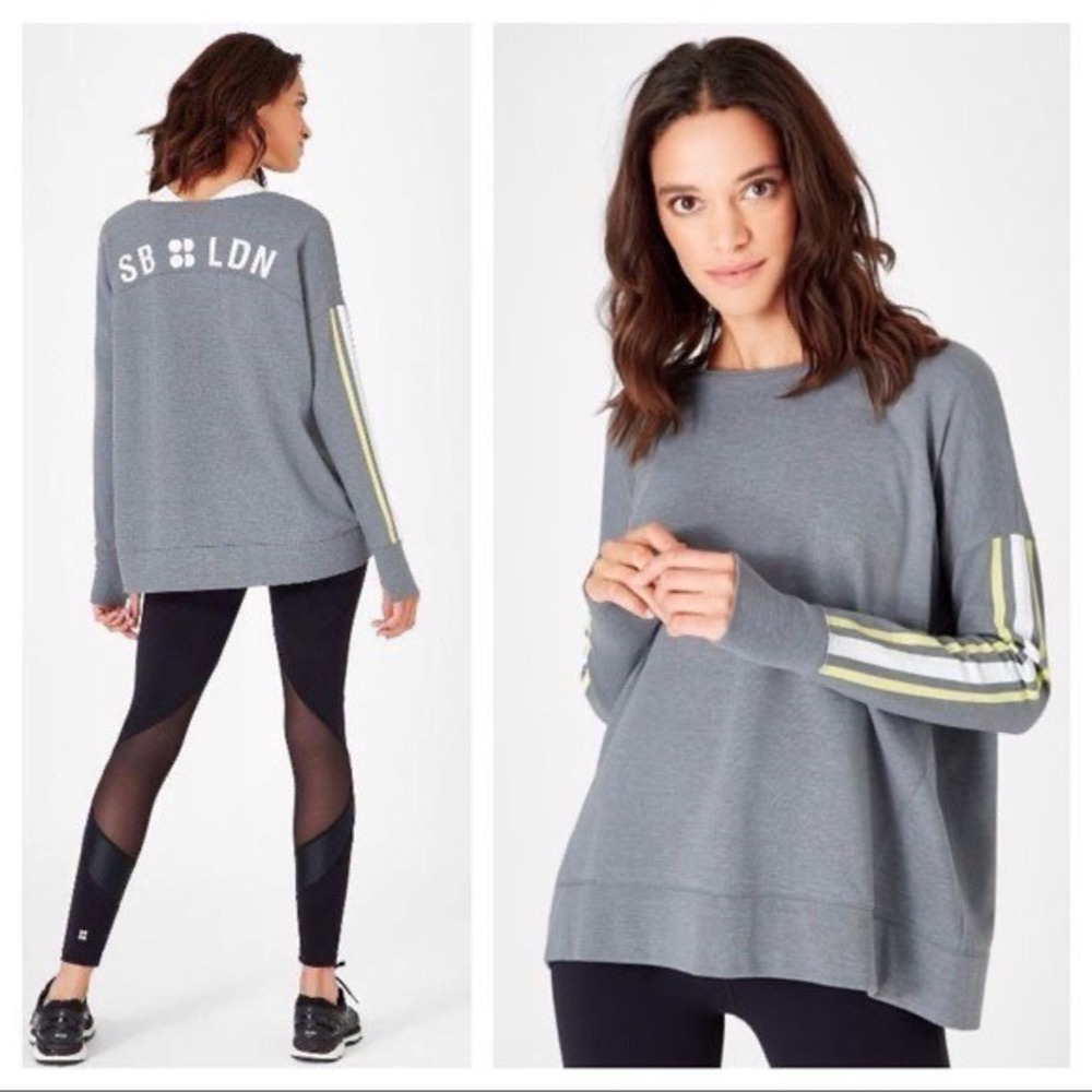 Sweaty Betty Simhasana Gray SB LDN Striped Sleeve Sweatshirt Thumbholes Womens S